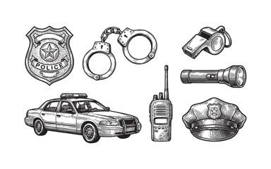 set of police and law enforcement equipment with a patrol car and station engraving vector illustration © trianatio
