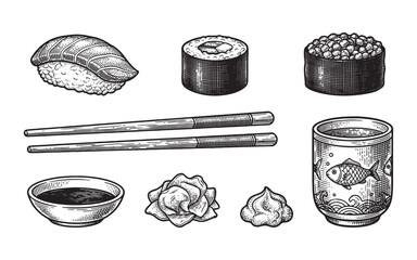 set of Japanese sushi including maki, nigiri, temaki, and chopsticks engraving vector illustration © trianatio