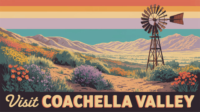 Vibrant desert landscape with windmill at sunset coachella valley travel poster