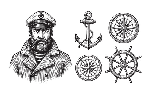 nautical set featuring a ship captain, anchor, compass, and steering wheel engraving vector illustration