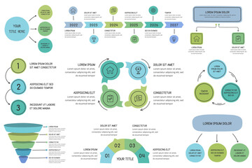 Set of hand drawn business infographic templates with diagrams, timelines, flow charts and other templates