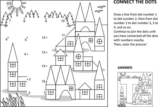 Educational connect the dots picture puzzle and coloring page - letter T, toy town. Answer included.
