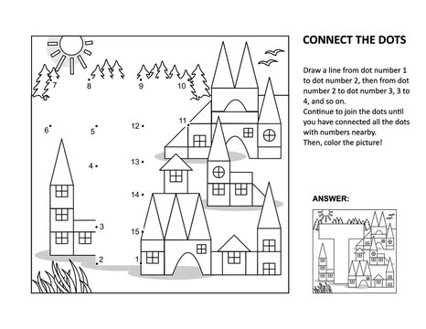 Educational connect the dots picture puzzle and coloring page - letter T, toy town. Answer included.
