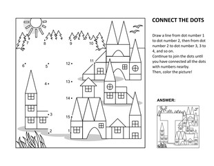 Fototapeta premium Educational connect the dots picture puzzle and coloring page - letter T, toy town. Answer included. 