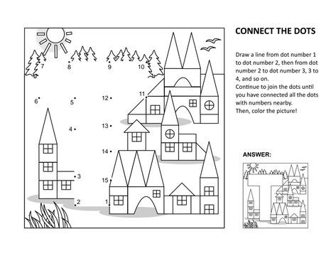 Educational connect the dots picture puzzle and coloring page - letter T, toy town. Answer included.
