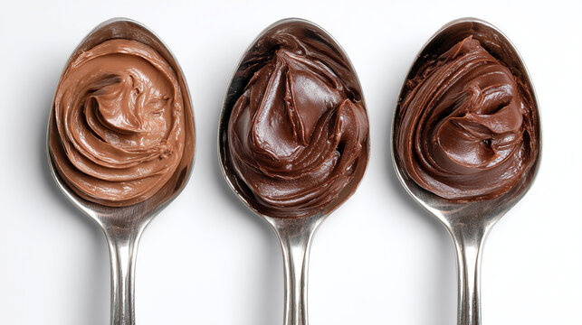 Three spoons of delicious chocolate spreads arranged neatly in a row