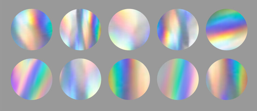 Circle holographic neon sticker, blank colorful template, realistic label with foil metallic effect. Shiny round rainbow y2k emblem. Mockup sale icon. Gradient hologram. Vector EPS10