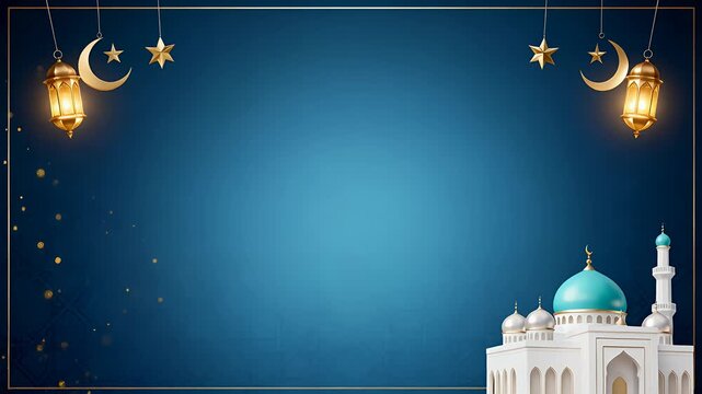 mosque blue night background lanterns crescent moons decorative border