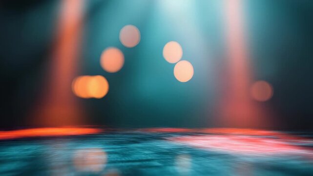 Vibrant stage lights illuminate a glossy surface with colorful reflections and dramatic bokeh effects. Abstract background creates a dynamic atmosphere for creative projects and modern presentations