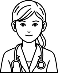 Obraz premium Hand Drawn Female Doctor Black and White Avatar Illustration in Minimal Line Art Style Design