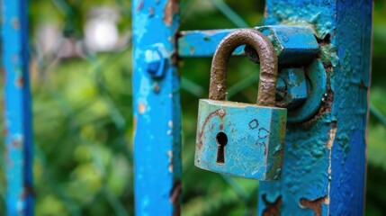 Weathered padlock on a rusty gate highlighting the concepts of security, restriction, and resilience in a vibrant outdoor setting
