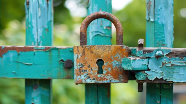 Rusty Padlock on a Worn Green Gate with Chipped Paint and Nature in Background