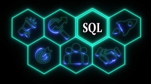 Glowing neon line SQL business concept from a display of white hexagon shapes and symbols with a blue tint. abstract technology background with rotating world map icon