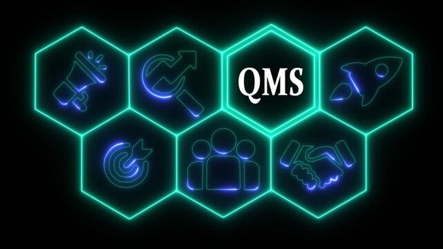 Glowing neon line QMS business concept from a display of white hexagon shapes and symbols with a blue tint. abstract technology background with rotating world map icon