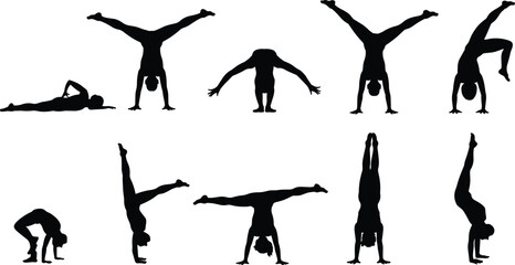 Black silhouette set of gymnasts performing handstands and acrobatics, athletic women in various gymnastics poses isolated on white background