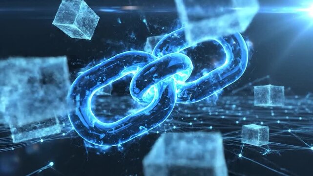 Glowing blue blockchain link symbol surrounded by abstract data cubes