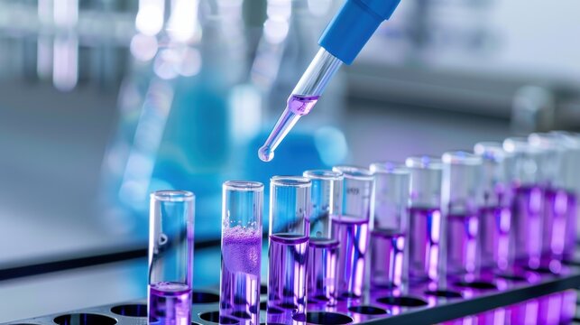 Lab Equipment with Test Tubes and Pipette in Science Experiment Displaying Purple Liquid for Research or Experimentation