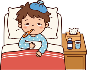 Cute sick boy with fever illness emotion cartoon character illustration