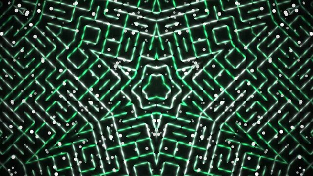 Complex green neon pattern on dark background viewed from above