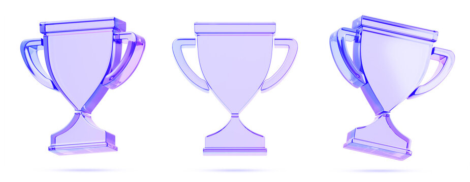 3d crystal holographic trophy set, glass cup line icon with blue purple gradient. Luxury award, iridescent transparent goblet in different angles. Glassmorphism UI design winner prize. 3D illustration