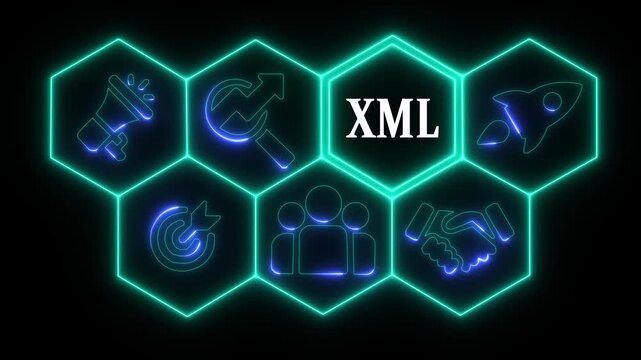 Business XML concept animated on abstract technology background . Business, Technology, Internet and networking concept.