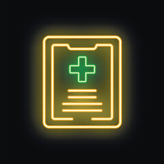 Obraz premium Glowing neon sign showing a medical report icon on a dark brick wall background, great for medical themed projects