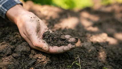 Close-up of a gardener’s hand holding dark fertile soil in an outdoor garden bed with soft sunlight and blurred green background. © Phushutter