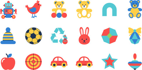Colorful kids toy icons set, cartoon baby objects collection with robot teddy car ball rabbit shapes nursery vector illustration
