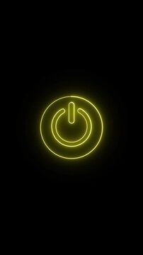 Minimalist neon power button icon on black background, glowing yellow circular symbol neon line animation. Power button for social media concept .