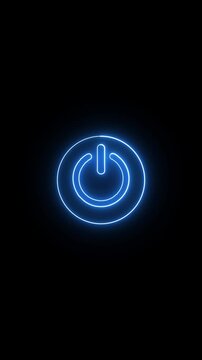 Minimalist neon power button icon on black background, glowing blue circular symbol neon line animation. Power button for social media concept .