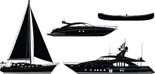 Collection of black boat silhouettes including luxury yacht sailboat sailing ship and small rowboat or canoe for maritime travel nautical adventure and marine design © Dhanu's World