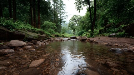 Obraz premium A clear stream meanders through a vibrant lush green forest with moss covered rocks and tall trees