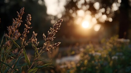 Golden hour sunset illuminates delicate grass seed heads in a serene sun drenched meadow creating a peaceful atmosphere