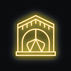 Naklejka premium Bright yellow neon fireplace symbol glowing in the dark