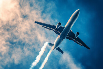 Obraz premium Large passenger airplane flying through blue sky with white clouds, leaving contrails behind, symbolizing air travel and aviation technology