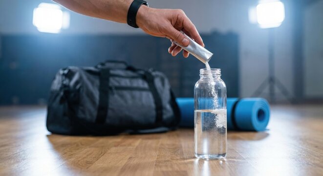 Man pouring electrolyte powder stick pack into water bottle