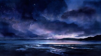 Obraz premium Moody seaside watercolor illustration evokes calm evening skies and tranquil waters reflecting deep blues