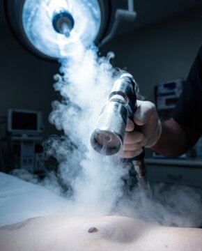 Dermatologist treating skin mole with cryospray device