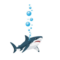 Fototapeta premium Cartoon shark swimming underwater with bubbles rising, ocean predator, marine life