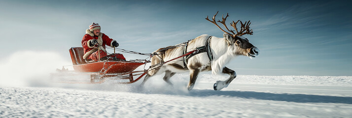 Fototapeta premium A jolly Santa Claus speeds across a snowy landscape in a sleigh pulled by a reindeer