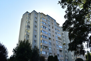 Suburban neighborhood built in communism. Post Soviet concrete flat of blocks © salajean