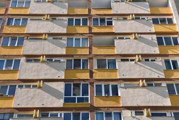Suburban neighborhood built in communism. Post Soviet concrete flat of blocks © salajean