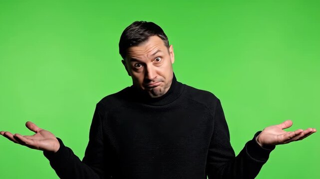 Man in black sweater shrugs and looks confused with a puzzled expression