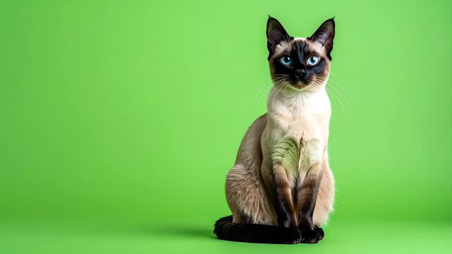 Siamese Cat Sitting on Green Screen Background Stock Video Footage