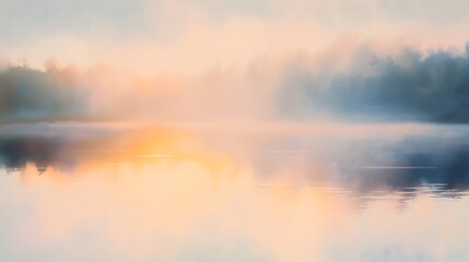 Obraz premium Serene lake dawn watercolor illustration tranquil pastel tones peaceful landscape airy composition visual art