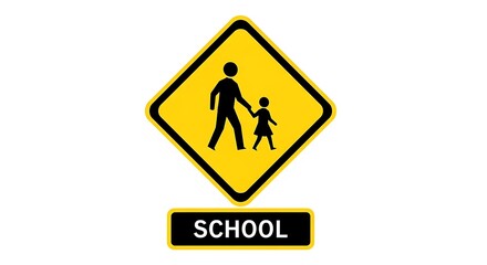Yellow diamond-shaped warning sign indicating a school zone with a pedestrian crossing symbol and the word 'SCHOOL' below