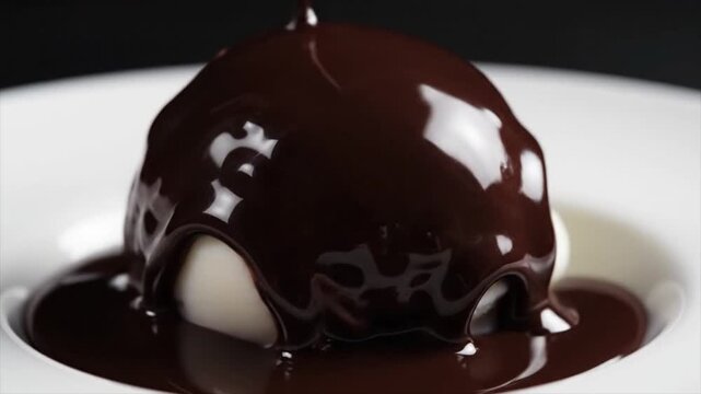 A luscious vanilla ice cream scoop lavishly drenched in warm, dark melted chocolate sauce, creating a rich and inviting dessert that promises sweet indulgence and delightful taste