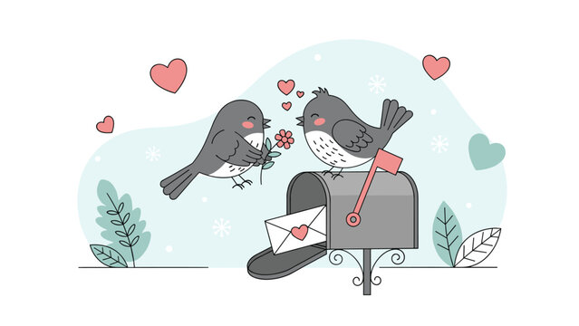 Romantic scene with two cute birds sharing a flower perched on a mailbox containing a love letter with a heart.