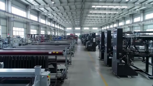 Interior of a large industrial factory filled with various manufacturing machines