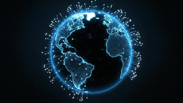 Abstract digital global network illustration with luminous connections spreading across the planet, symbolizing worldwide communication, technological advancement, and data flow in a connected world